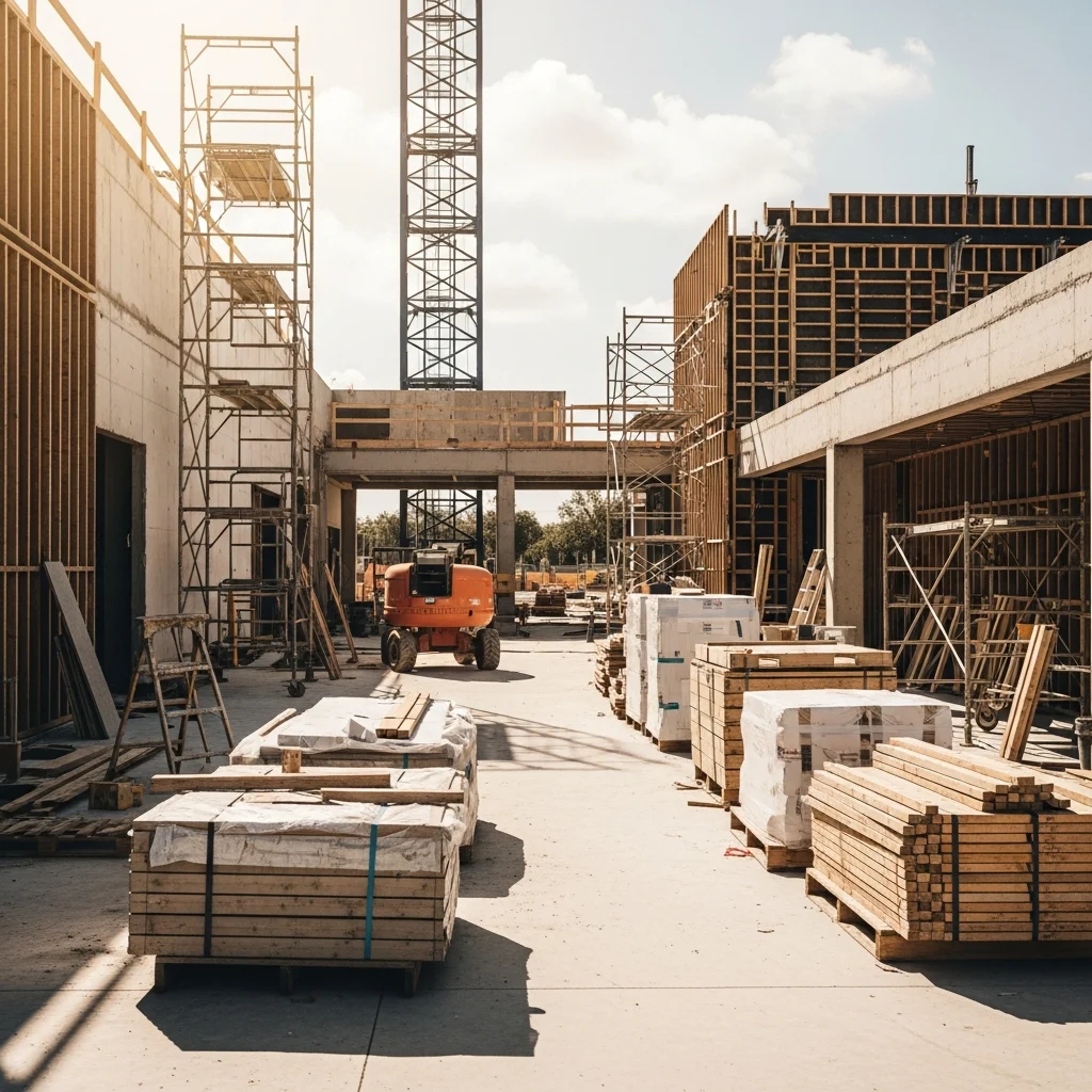 florida-commercial-renovation-scheduling-PSvRaj Organized construction site with scaffolding and building materials in sunlight