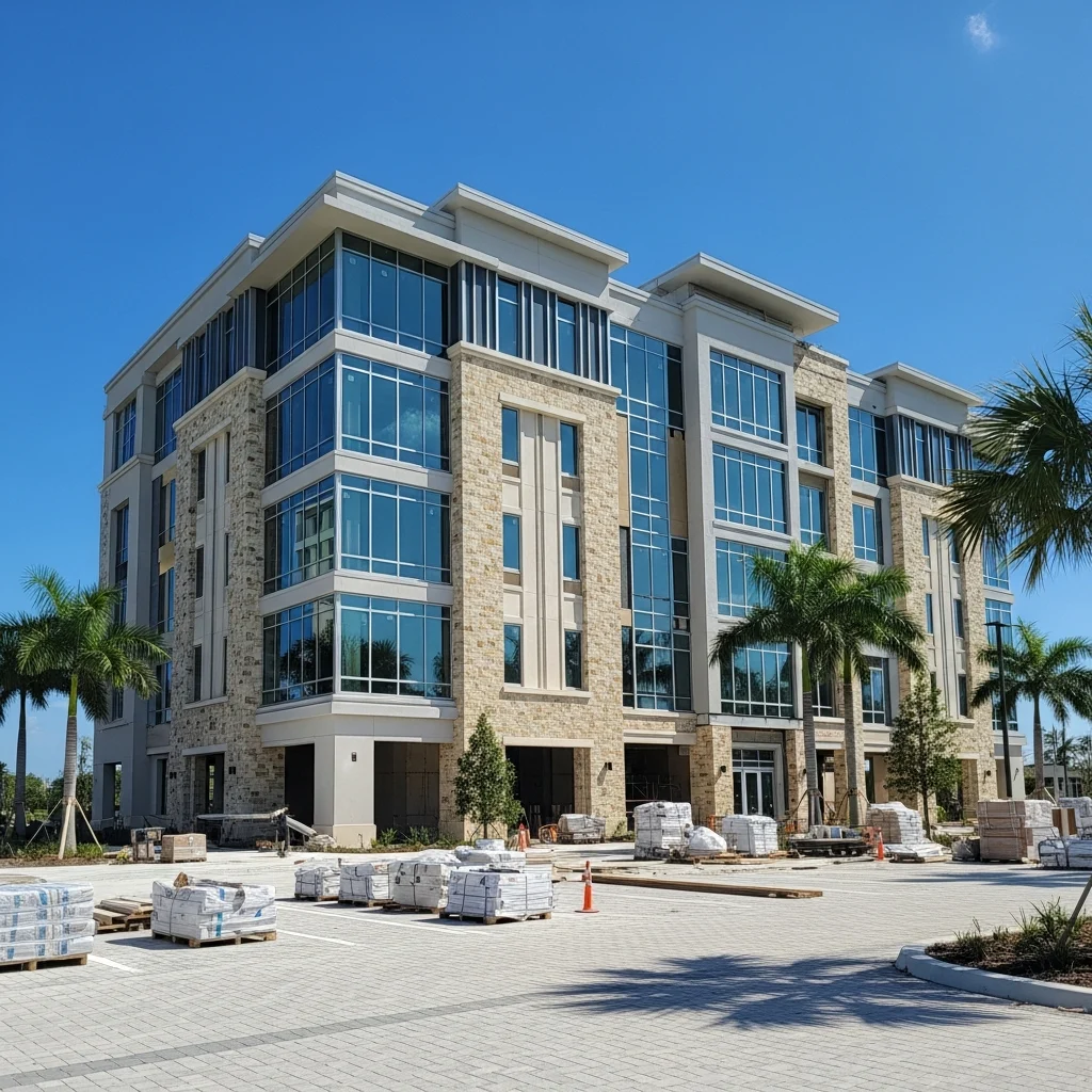florida-construction-clarity-results-TFWuKL Modern building under construction with palm trees in Florida