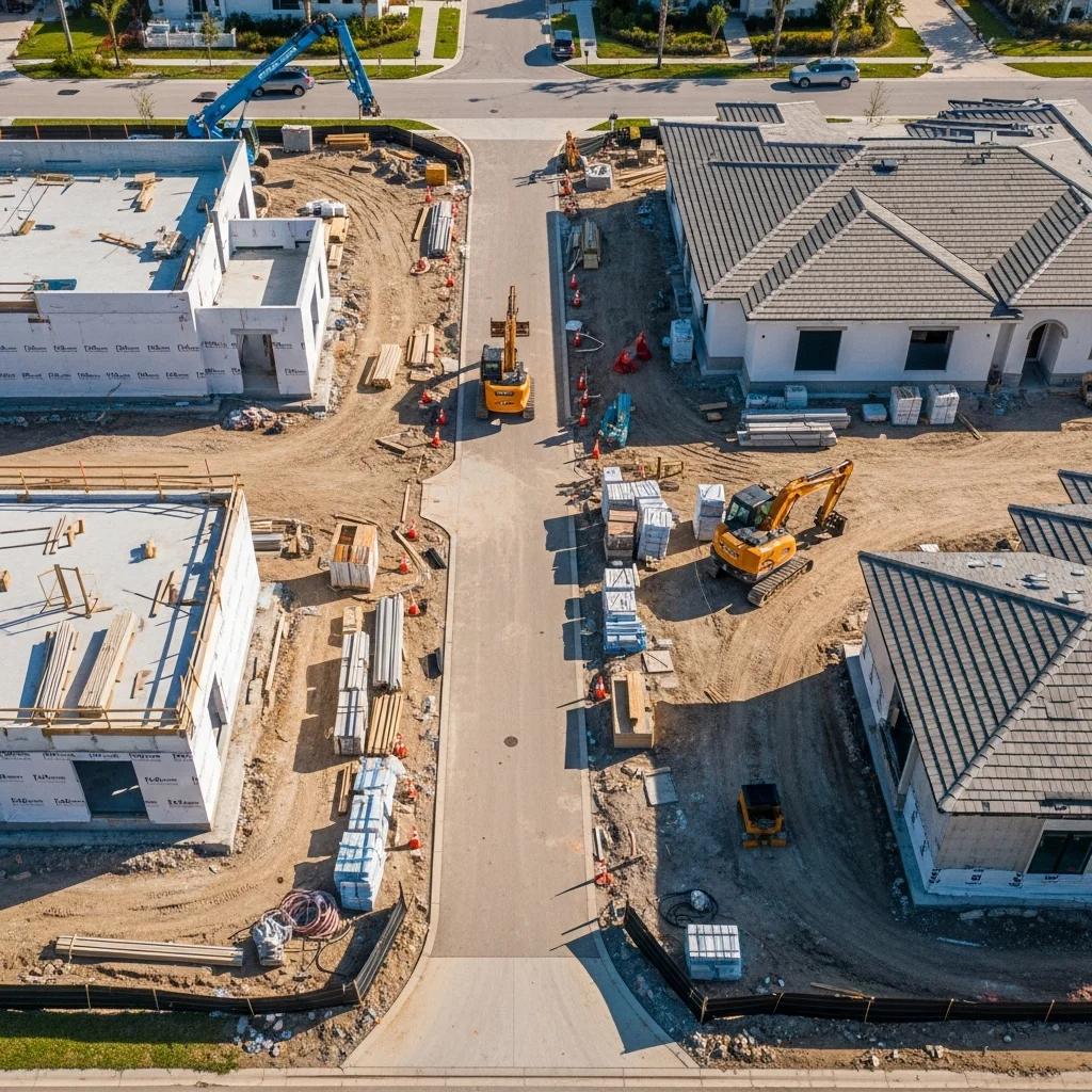 florida-construction-site-aerial-view-DkTA4W Aerial view of a Florida construction site with organized layout