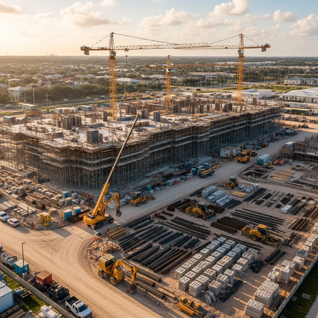 florida-construction-site-coordination-hZpxo6 Aerial view of a well-organized construction site in Florida