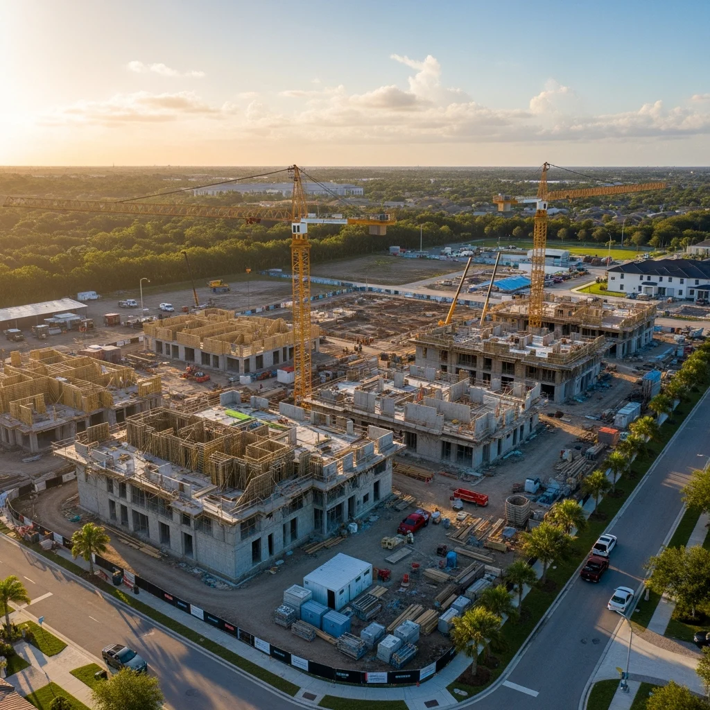 florida-construction-site-overview-skMHzd Aerial view of an organized home construction site in Florida