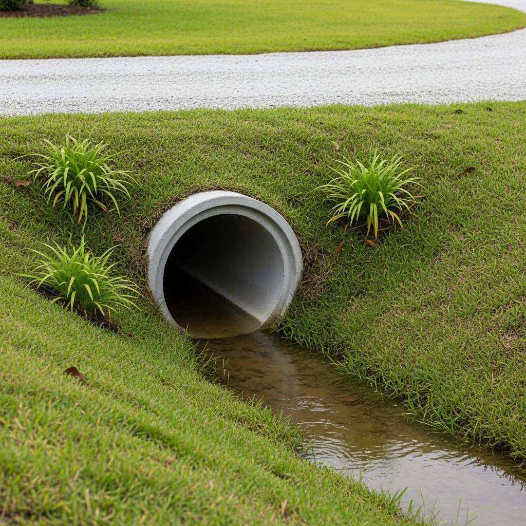 florida-culvert-driveway-landscape-Mu03ZK Concrete culvert under gravel driveway in lush Florida landscape