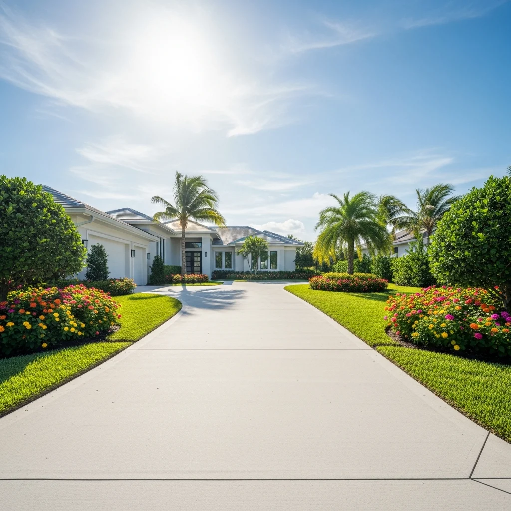 florida-driveway-curb-appeal-9XxRFn Suburban Florida driveway with lush greenery and vibrant flowers