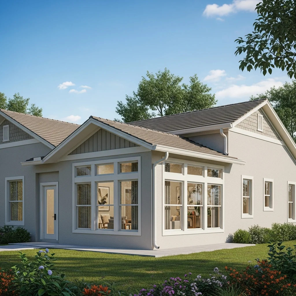 Sunlit home addition with large windows and lush surroundings