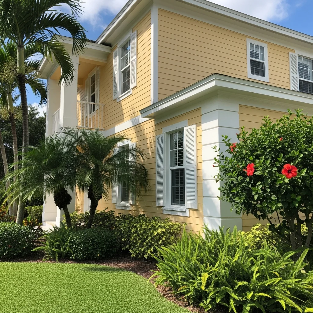 florida-home-exterior-painting-A5lhll Freshly painted Florida home with vibrant colors and lush greenery