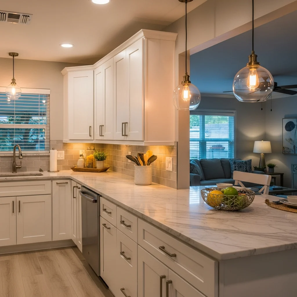 florida-modern-kitchen-renovation-c1qUYJ Modern kitchen with white cabinetry and marble countertop