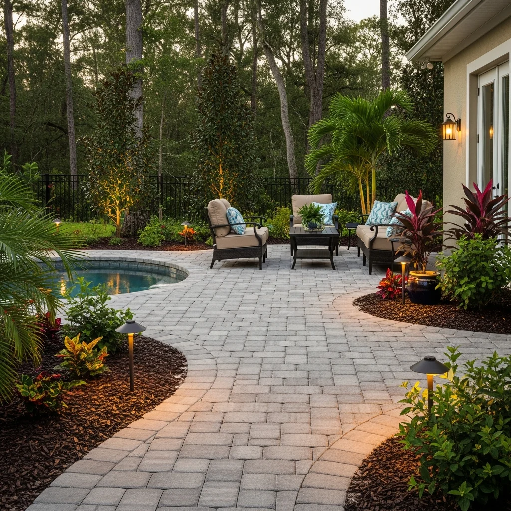 florida-paver-patio-design-Q3gWh2 Polished paver patio with lush greenery and tropical plants