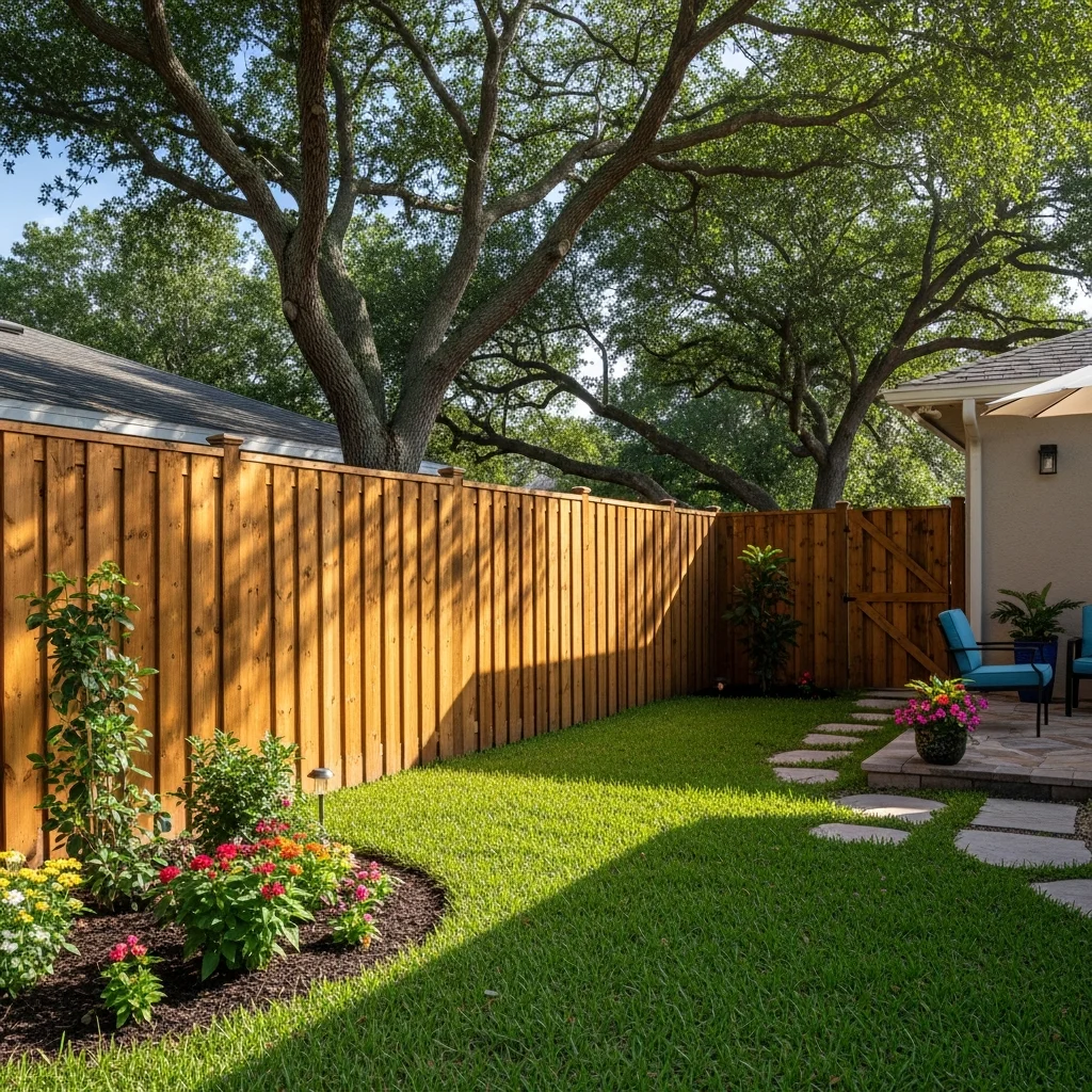 florida-wooden-fence-backyard-IbU05J Wooden fence in a lush suburban Florida backyard