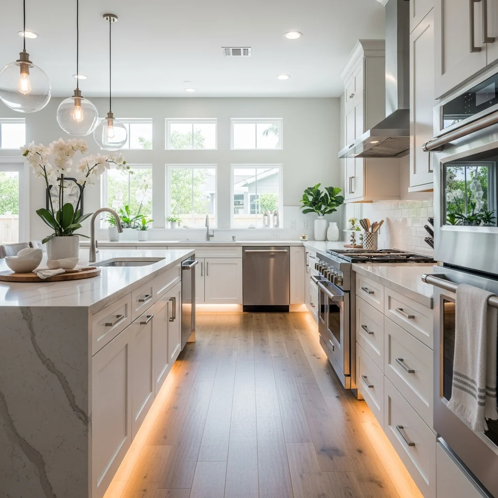 modern-kitchen-renovation-florida-ZFYQGJ Modern kitchen with white cabinetry and stainless steel appliances