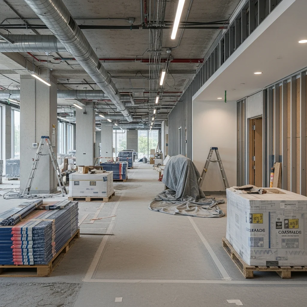 office-renovation-clean-setup-PZHYIz Organized office renovation site with neatly arranged materials and clear pathways
