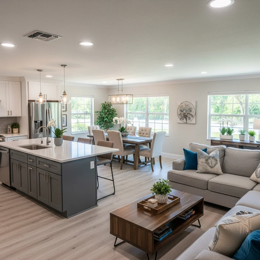 open-concept-home-remodel-tIVm9V Open-concept living space with modern kitchen and dining area