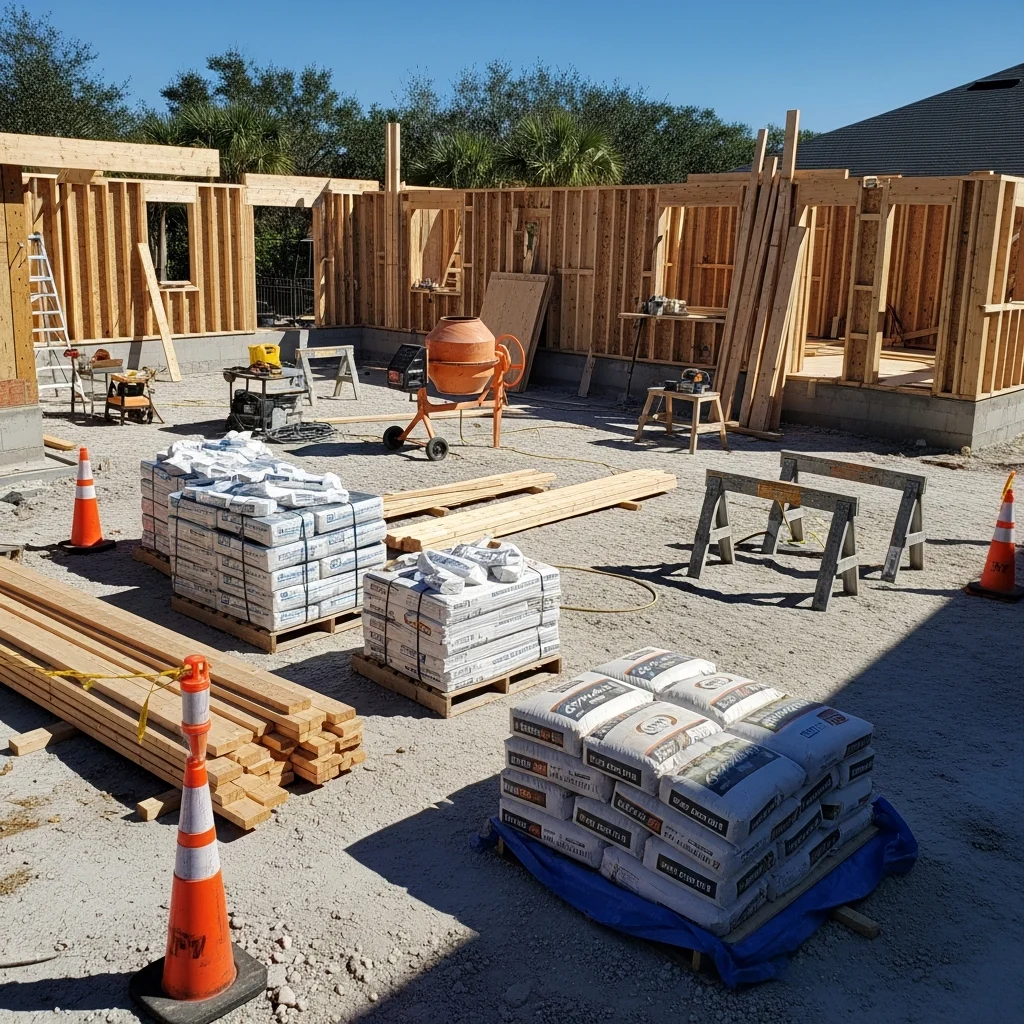 Organized construction site with building materials under a clear sky