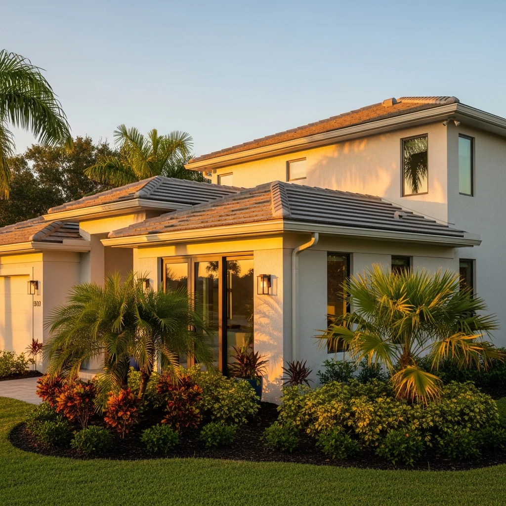 Modern Florida home with seamless architectural extension at sunset