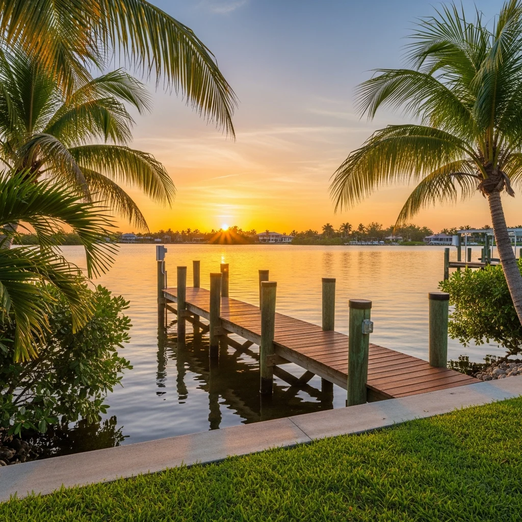 small-dock-sunset-florida-W63uA5 Sunset over a tranquil dock surrounded by palm trees